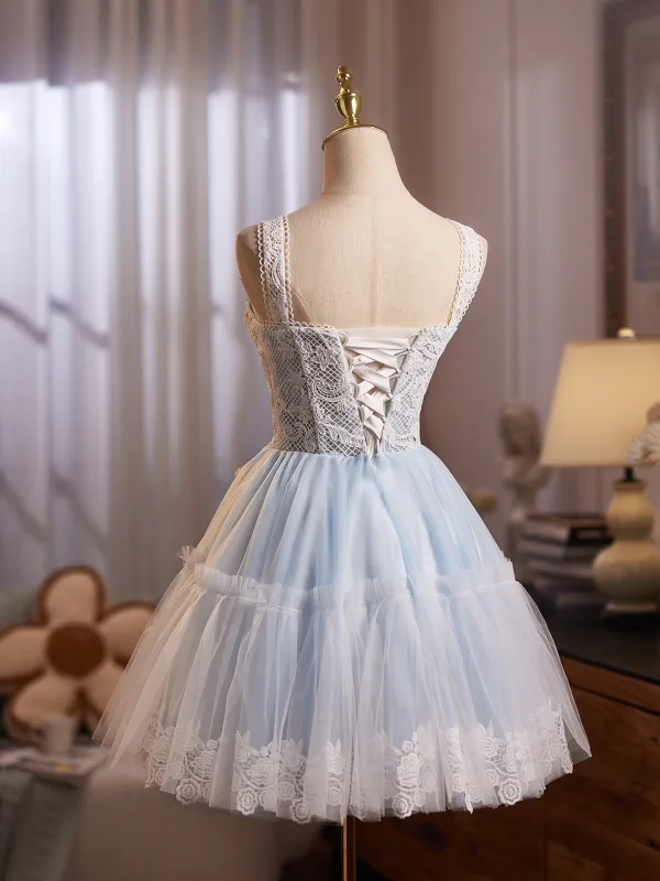 Chic / Beautiful Sky Blue Short Lace Homecoming Graduation Dresses 2025 A-Line / Princess Square Neckline Sleeveless Backless Formal Dresses Chic / Beautiful Sky Blue Short Lace Homecoming Graduation Dresses 2025 A-Line / Princess Square Neckline Sleeveless Backless Formal Dresses