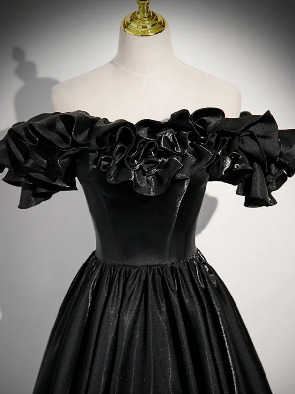 Elegant Black Prom Dresses 2023 A-Line / Princess Ruffle Off-The-Shoulder Short Sleeve Backless Floor-Length / Long Prom Formal Dresses