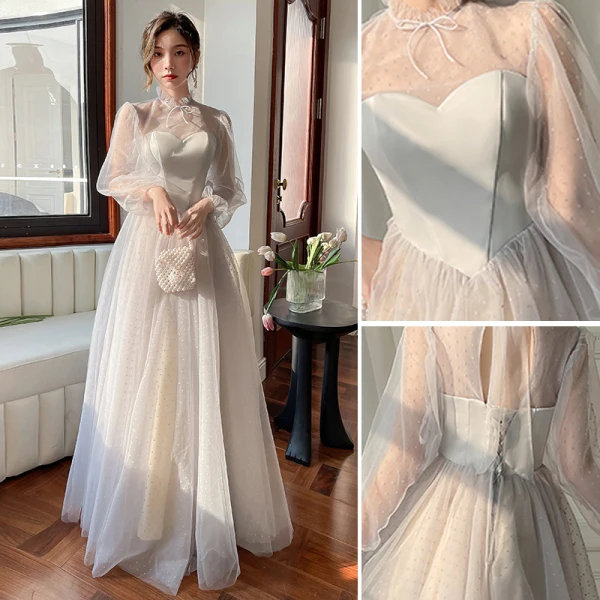 Modest / Simple Grey Spotted Bridesmaid Dresses 2022 A-Line / Princess Puffy Short Sleeve Backless Floor-Length / Long Bridesmaid Formal Dresses Bridesmaid Dresses