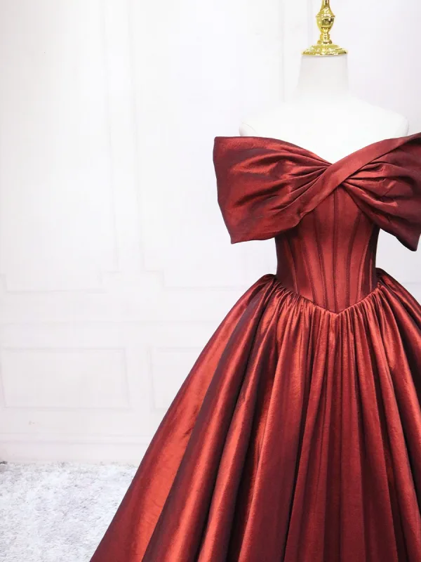 Elegant Burgundy Satin Prom Dresses 2025 Ball Gown Bow Off-The-Shoulder Short Sleeve Backless Floor-Length / Long Prom Formal Dresses