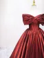 Elegant Burgundy Satin Prom Dresses 2025 Ball Gown Bow Off-The-Shoulder Short Sleeve Backless Floor-Length / Long Prom Formal Dresses