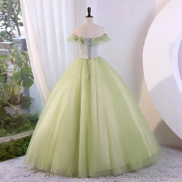 Modern / Fashion Sage Green Sequins Prom Dresses 2023 Ball Gown Off-The-Shoulder Sleeveless Backless Floor-Length / Long Prom Formal Dresses