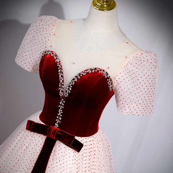 Elegant Burgundy Spotted Prom Dresses 2023 A-Line / Princess Scoop Neck Rhinestone Bow Short Sleeve Backless Floor-Length / Long Prom Formal Dresses