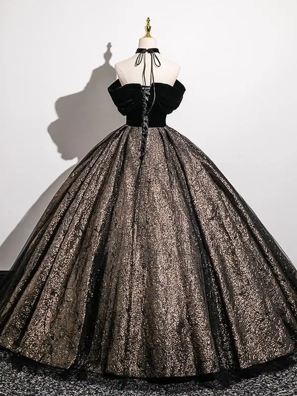 Classy Black Glitter Prom Dresses 2025 Ball Gown Off-The-Shoulder Sleeveless Backless Floor-Length / Long Prom Formal Dresses