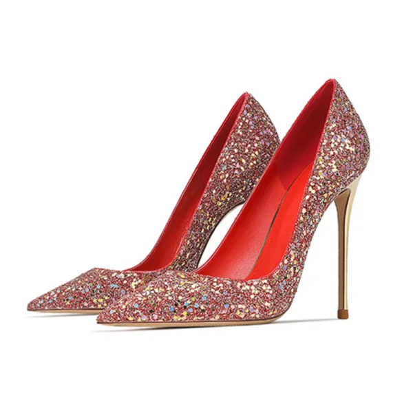 Sexy Multifarben Pailletten Leder Rot Brautschuhe 2023 10 cm Stilettos Spitzschuh Hochzeit Pumps Hochhackige