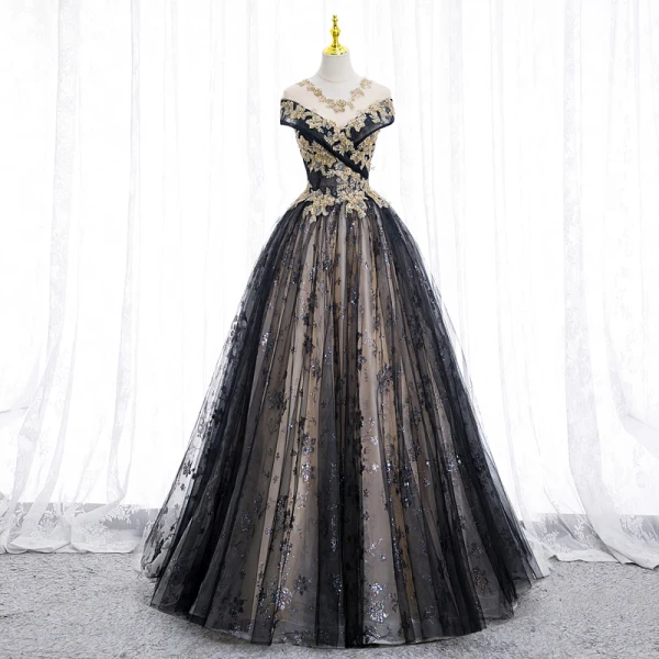 Élégant Noire Perlage Paillettes En Dentelle Fleur Robe De Bal 2022 Robe Boule V-Cou Manches Courtes Dos Nu Longue Promo Robe De Ceremonie
