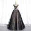 Élégant Noire Perlage Paillettes En Dentelle Fleur Robe De Bal 2022 Robe Boule V-Cou Manches Courtes Dos Nu Longue Promo Robe De Ceremonie