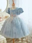 Chic / Beautiful Sky Blue Beading Sequins Short Birthday Flower Girl Dresses 2023 Ball Gown Scoop Neck Puffy Short Sleeve Backless Tulle