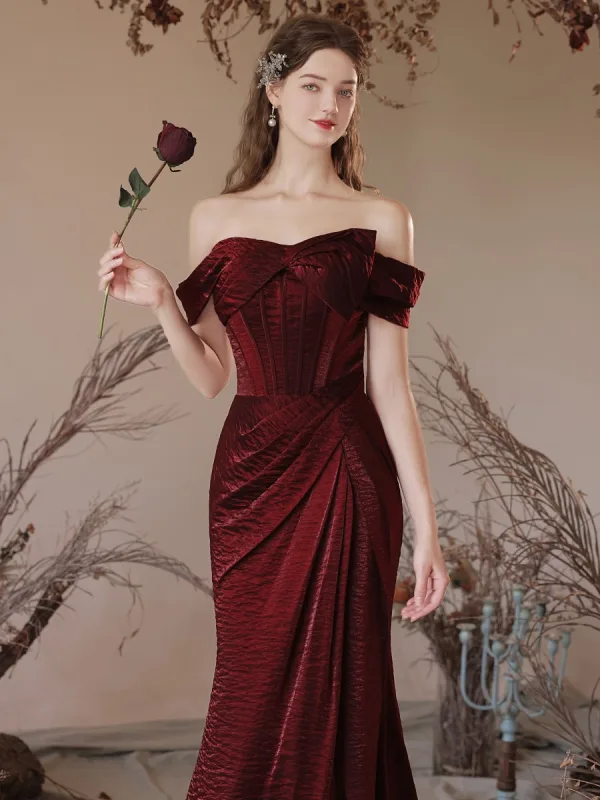 Charming Burgundy Trumpet / Mermaid Prom Dresses 2024 Off-The-Shoulder Backless Floor-Length / Long Prom Formal Dresses