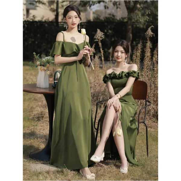 Chic / Beautiful Clover Green Split Front Bridesmaid Dresses 2023 A-Line / Princess Sleeveless Backless Floor-Length / Long Bridesmaid Dresses