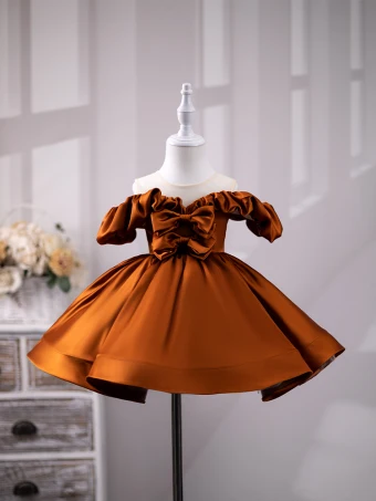Vintage Originale Marron Volants Anniversaire Robe Ceremonie Fille 2024 Robe Boule De L Épaule Noeud Sans Manches Courte Satin