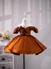 Vintage / Retro Brown Ruffle Birthday Flower Girl Dresses 2024 Ball Gown Off-The-Shoulder Bow Sleeveless Short Satin