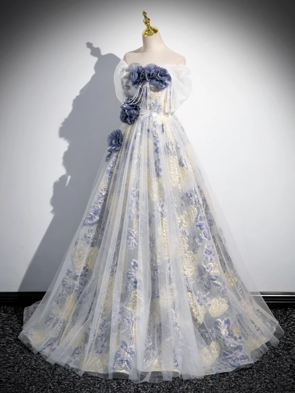 Elegant Sky Blue Beading Appliques Printing Prom Dresses 2024 A-Line / Princess Off-The-Shoulder Short Sleeve Backless Floor-Length / Long Prom Formal Dresses