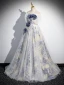 Elegant Sky Blue Beading Appliques Printing Prom Dresses 2024 A-Line / Princess Off-The-Shoulder Short Sleeve Backless Floor-Length / Long Prom Formal Dresses