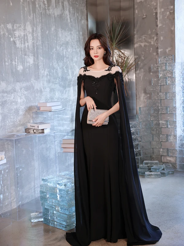 Sexy Black Beading Lace Flower Sequins Evening Dresses 2023 Trumpet / Mermaid cloak Scoop Neck Sleeveless Floor-Length / Long Evening Party Formal Dresses