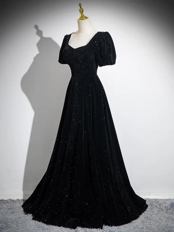 Elegant Black Glitter Prom Dresses 2024 A-Line / Princess Square Neckline Short Sleeve Backless Floor-Length / Long Formal Dresses