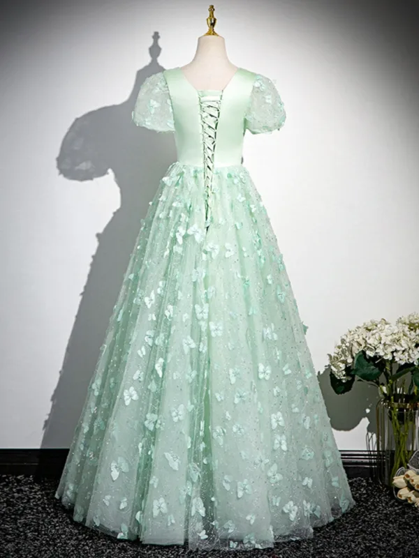 Chic / Belle Vert Cendré Papillon Appliques Paillettes Robe De Bal 2024 Robe Boule Encolure Carrée Manches Courtes Dos Nu Longue Promo Robe De Ceremonie