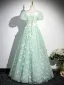 Chic / Belle Vert Cendré Papillon Appliques Paillettes Robe De Bal 2024 Robe Boule Encolure Carrée Manches Courtes Dos Nu Longue Promo Robe De Ceremonie