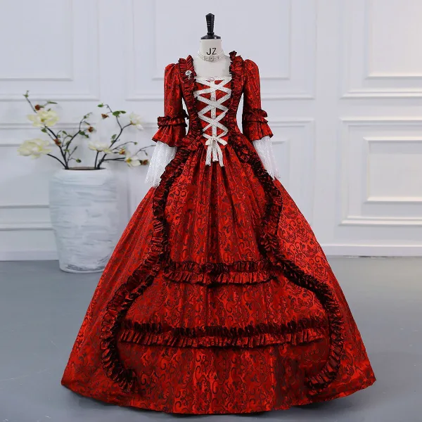 Vintage / Retro Medieval Champagne Lace Flower Ruffle Prom Dresses 2025 Ball Gown Square Neckline Bat Sleeve Backless Floor-Length / Long Formal Dresses