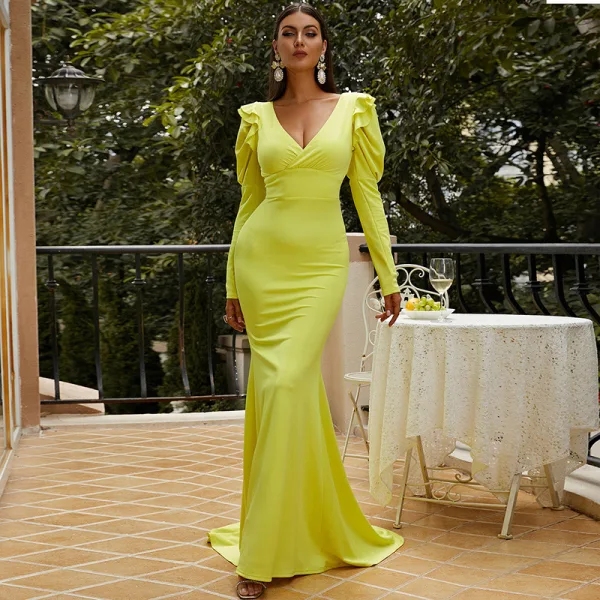 Sexy Jaune Robe De Soirée 2022 Trompette / Sirène V-Cou Manches Longues Train De Balayage Soirée Robe De Ceremonie