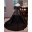 Elegant Black Pearl Satin Prom Dresses 2023 Ball Gown Off-The-Shoulder Puffy Short Sleeve Backless Court Train Prom Formal Dresses