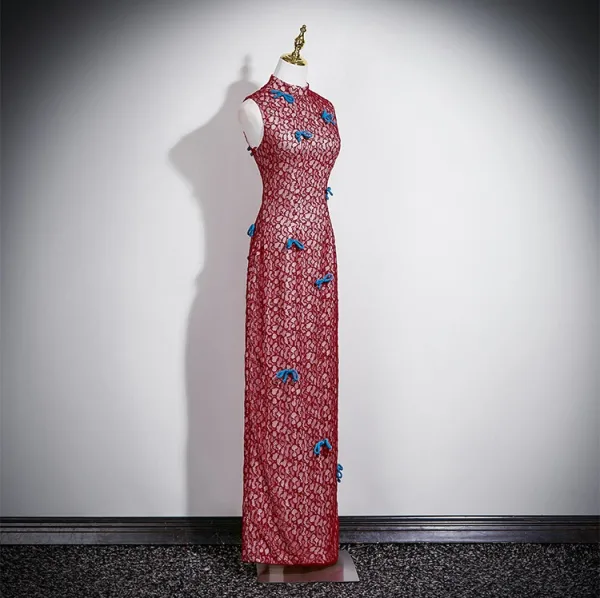 Chiński Styl Vintage Burgund Z Koronki Bal Cheongsam 2025 Syrena / Rozkloszowane Wysokiej Szyi Bez Rękawów Długie