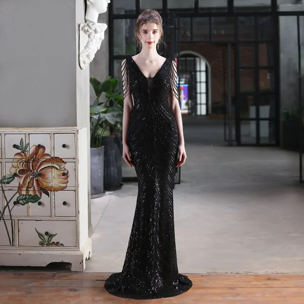 Charming White Beading Sequins Evening Dresses 2023 Trumpet / Mermaid V-Neck Sleeveless Backless Floor-Length / Long Evening Party Formal Dresses