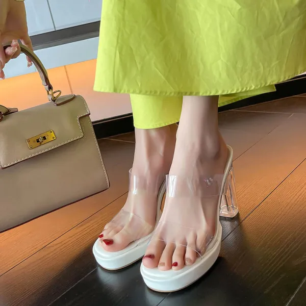 Summer Transparent Beige Street Wear Crystal Womens Sandals 2022 9 cm Thick Heels Open / Peep Toe Sandals High Heels