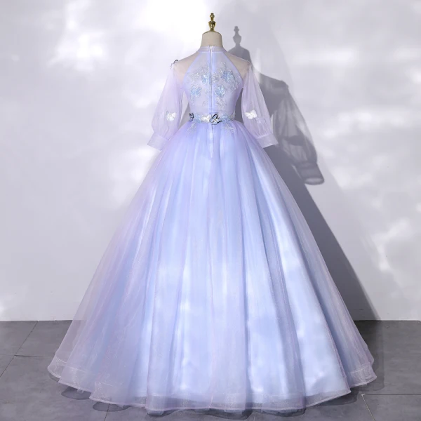 Schöne Himmelblau Spitze Blumen Schmetterling Applikationen Ballkleider 2022 Ballkleid Stehkragen Kurze Ärmel Lange Festliche Kleider