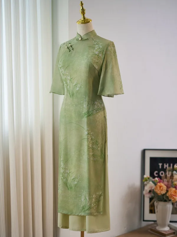 Chinese style Sage Green Printing Tea-length Cheongsam 2024 Trumpet / Mermaid High Neck Short Sleeve
