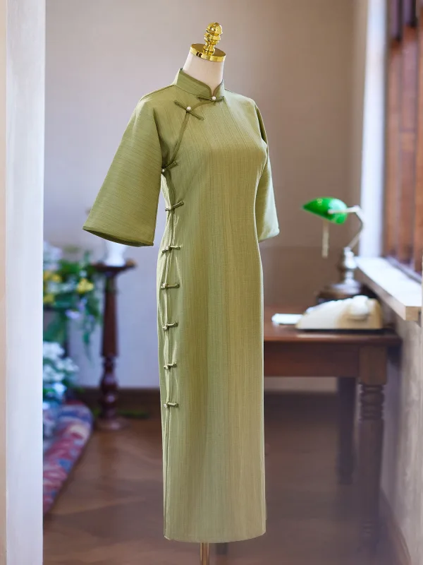Chinese style Sage Green Tea-length Cheongsam / Qipao 2024 Trumpet / Mermaid High Neck 1/2 Sleeves Prom