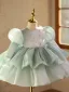 Chic / Belle Vert Cendré Perlage Appliques Paillettes Courte Volants en Cascade Anniversaire Hiver Robe Ceremonie Fille 2025 Robe Boule Encolure Dégagée Gonflée Manches Longues