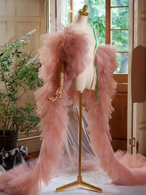 Fashion Blushing Pink Handmade Tulle Pleated shawl Jackets & wraps 2024