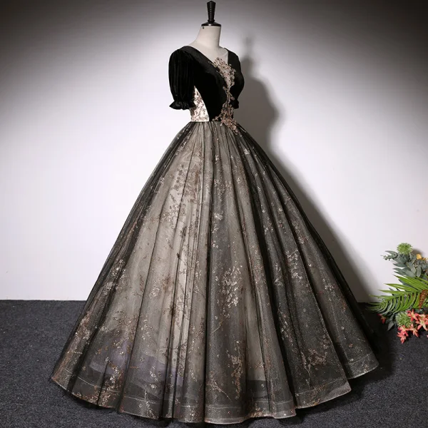 Elegant Black Suede Prom Dresses 2022 Ball Gown Scoop Neck Bell sleeves Backless Beading Sequins Floor-Length / Long Formal Dresses