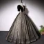 Elegant Black Suede Prom Dresses 2022 Ball Gown Scoop Neck Bell sleeves Backless Beading Sequins Floor-Length / Long Formal Dresses