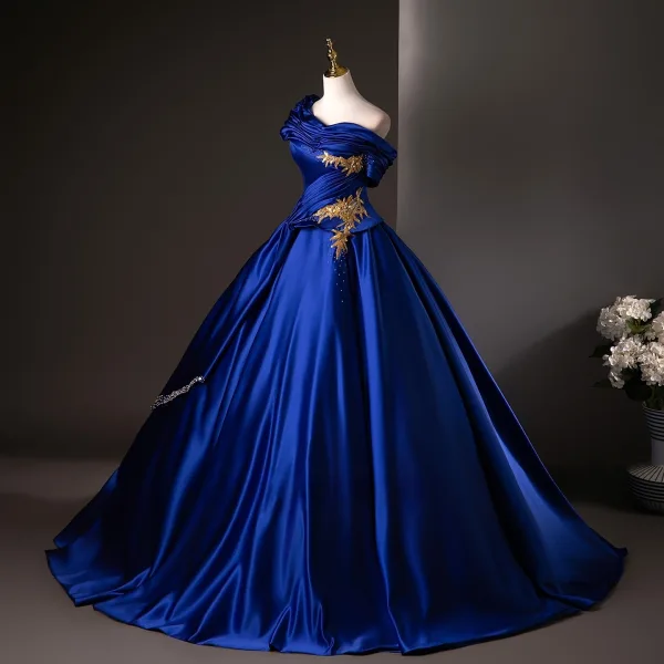 Vintage / Retro Royal Blue Beading Sequins Embroidered Prom Dresses 2025 Ball Gown One-Shoulder Short Sleeve Backless Floor-Length / Long Formal Dresses