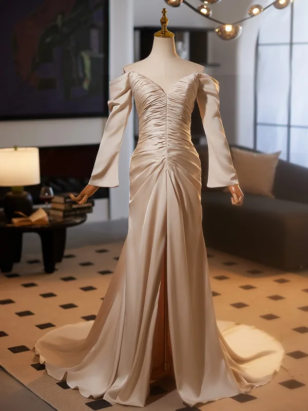 Fashion Champagne Trumpet / Mermaid Prom Dresses 2025 Off-The-Shoulder Long Sleeve Backless Floor-Length / Long Prom Formal Dresses