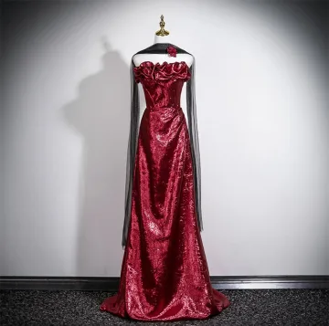 Sexy Bordeaux Paillettes Robe De Soirée 2025 Trompette Sirène Volants Bustier Sans Manches Dos Nu Train De Balayage Robe De Ceremonie