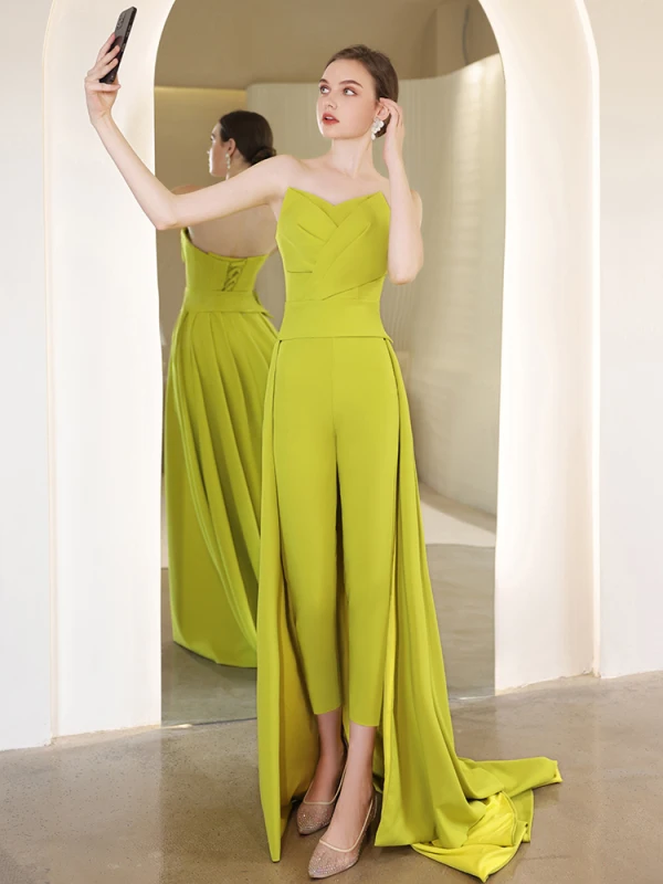 Chic / Beautiful Lime Green Evening Dresses Jumpsuit 2022 Crossed Straps A-Line / Princess Sleeveless Strapless Backless Sweep Train Evening Party