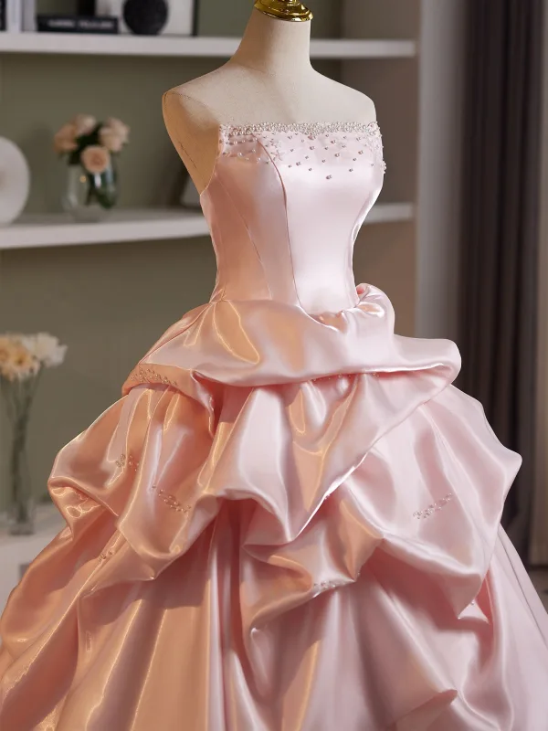 Elegant Candy Pink Pearl Cascading Ruffles Satin Prom Dresses 2026 Ball Gown Strapless Sleeveless Backless Sweep Train Formal Dresses