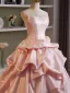 Elegant Candy Pink Pearl Cascading Ruffles Satin Prom Dresses 2026 Ball Gown Strapless Sleeveless Backless Sweep Train Formal Dresses