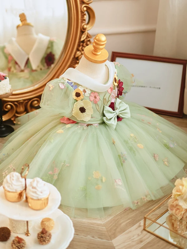 Lovely Sage Green Lace Flower Short Birthday Flower Girl Dresses 2024 Ball Gown Scoop Neck Puffy Short Sleeve Backless