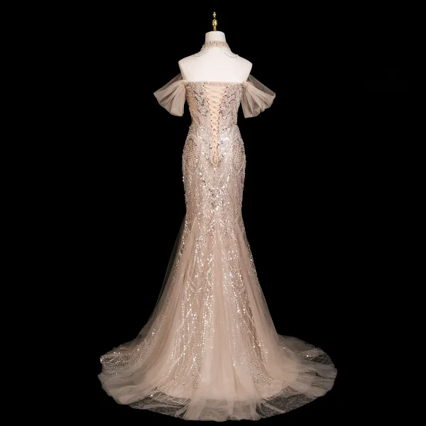 Luxe Scintillantes Champagne Perlage Faux Diamant Paillettes Robe De Soirée 2025 Trompette / Sirène Bustier Sans Manches Dos Nu Train De Balayage Soirée Robe De Ceremonie