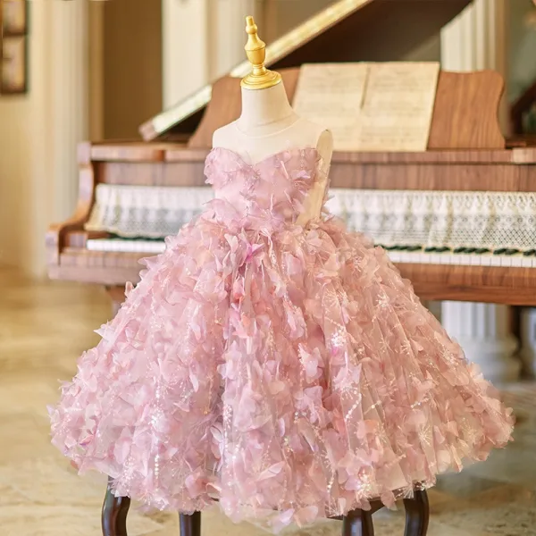 Flower Fairy Blushing Pink Appliques Sequins Birthday Flower Girl Dresses 2024 Ball Gown Scoop Neck Sleeveless Backless Short