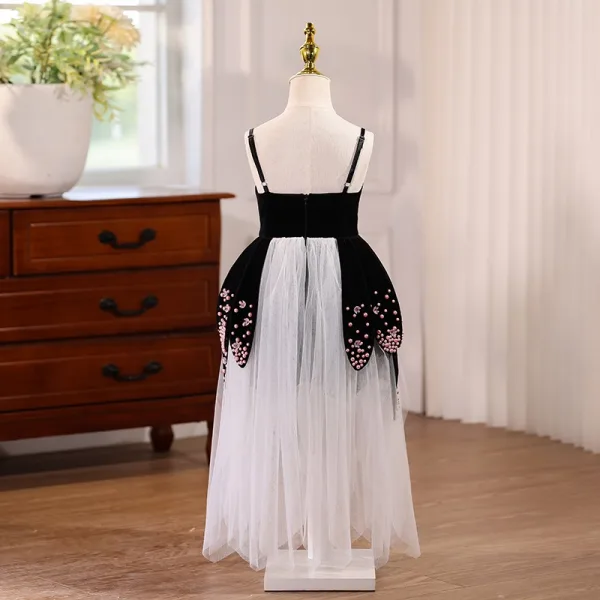 Chic / Beautiful Black Pearl Asymmetrical Flower Girl Dresses 2025 Birthday A-Line / Princess Spaghetti Straps Sleeveless Backless