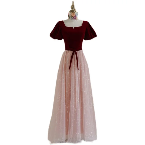 Elegant Burgundy Suede Prom Dresses 2022 A-Line / Princess Square Neckline Puffy Short Sleeve Bow Sash Backless Prom Floor-Length / Long Formal Dresses
