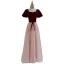 Elegant Burgundy Suede Prom Dresses 2022 A-Line / Princess Square Neckline Puffy Short Sleeve Bow Sash Backless Prom Floor-Length / Long Formal Dresses