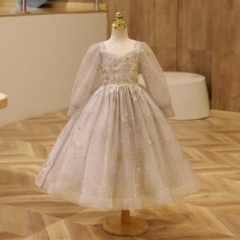 Sparkly Gold Beading Star Sequins Birthday Flower Girl Dresses 2023 Ball Gown Square Neckline 3 4 Sleeve Backless Floor Length Long Flower Girl Dresses