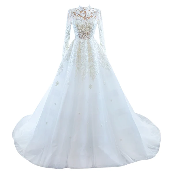 High-end White Beading Lace Flower Wedding Dresses 2022 Ball Gown High Neck Long Sleeve Backless Floor-Length / Long Wedding