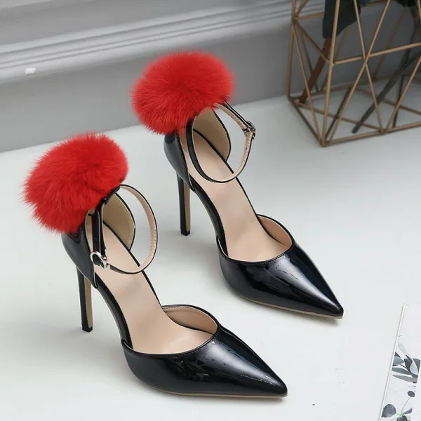 Schöne Schwarz Cocktail Sandalen Damen 2023 Knöchelriemen 11 cm Stilettos Spitzschuh Sandaletten Hochhackige